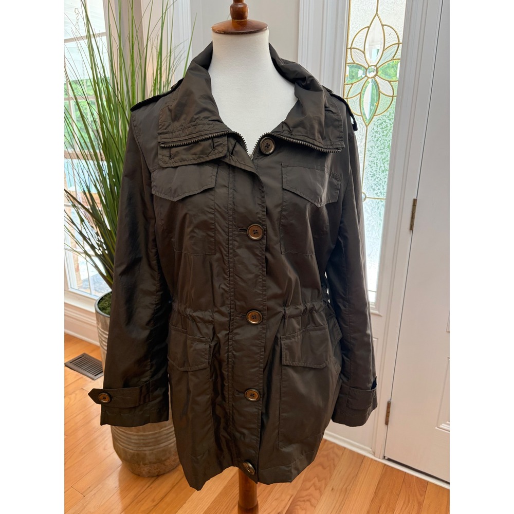London Fog Olive Metallic Iridescent Green Lightweight Rain Utility Jacket Large
